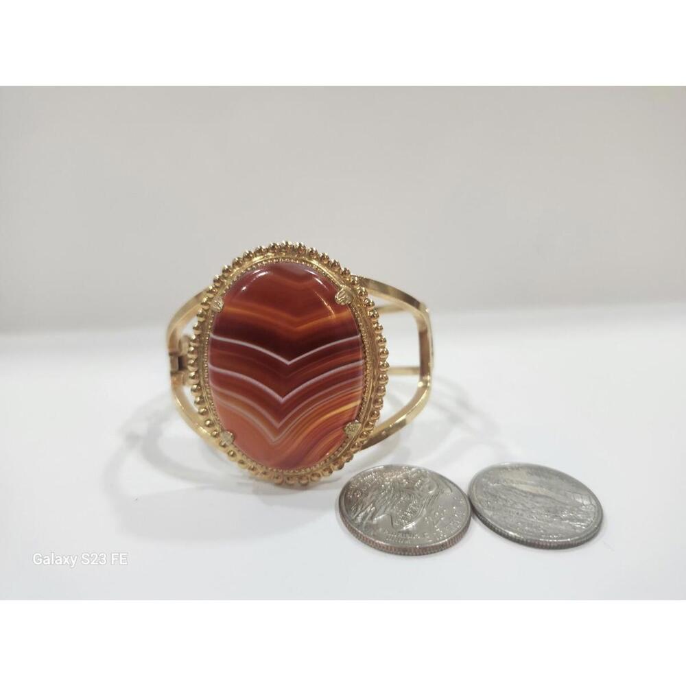 Vintage Victorian Style Agate Gem Bracelet In Gold Tone Setting Bangel Jewelery